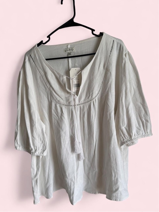 Wonderly Tops - Wonderly White Peasant Blouse with Tassel Tie